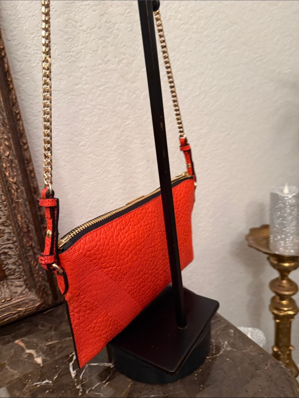 Burberry Chichester Crossbody Shoulder Bag Orange Leather  Gold Logo Chain - Picture 12 of 14